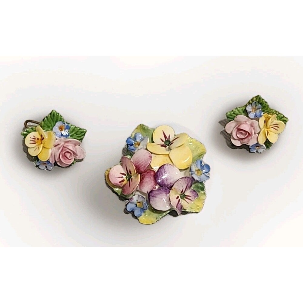 Vintage Artone Bone China Flower Brooch & Screwback Earrings Set Made In England